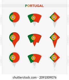 Portugal flag, set of location pin icons of Portugal flag. Vector illustration of national symbols.