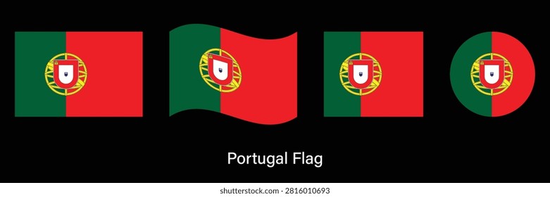 Portugal Flag Set with Waving, Circle and Rectangle Shapes Vector Illustration