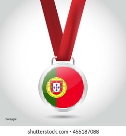 Portugal Flag in Silver Medal. Vector Illustration. RIO Olympic Game silver Medal. Vector Illustration