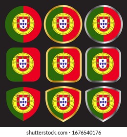 portugal flag vector icon set with gold and silver border