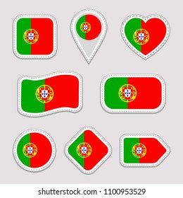 Portugal flag vector set. Portuguese national flags stickers. Isolated icons. Traditional colors. Different geometric shapes. Web, sports pages, patriotic, travel, school, geographic design elements
