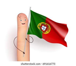 Portugal flag waving. Politics and International Relations concept. Cute finger holding pole. Realistic vector illustration on white background
