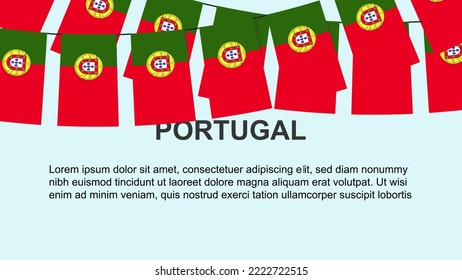 Portugal flags hanging on a rope, celebration and greeting concept, many Portugal flags with text space, banner and poster idea, decoration material, independence day