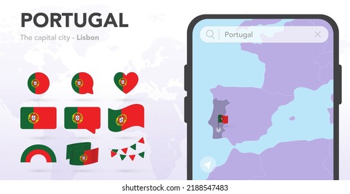 Portugal flags set. Mobile map application, Smartphone search. Map and capital city. World ribbon flags. Vector set. Collection of national symbols. Bubble speech, circle, heart, rainbow icons. Lisbon