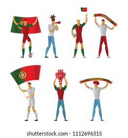 Portugal football fans. Cheerful soccer supporters crowd. vector illustration.