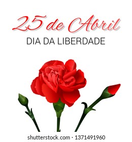 Portugal Freedom Day vector banner design template with a realistic red carnations - symbol of the Carnation Revolution, and text on white background. Translation: " 25th of April.Freedom Day."