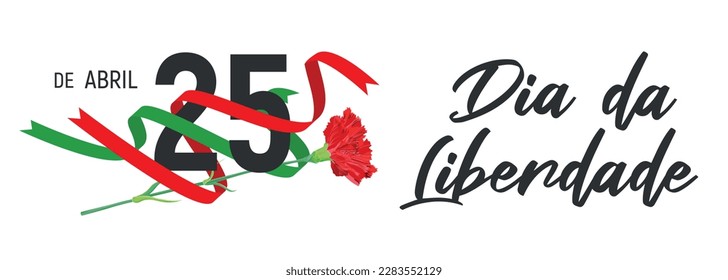 Portugal Freedom Day vector banner template. Realistic red carnations - a symbol of the Carnation Revolution, a ribbon in the colors of the national flag. Translation: 25 April. Freedom Day.