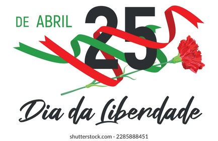 Portugal Freedom Day vector banner template. Realistic red carnations - a symbol of the Carnation Revolution, a ribbon in the colors of the national flag. Translation: 25 April. Freedom Day.