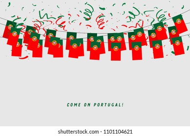 Portugal garland flag with confetti on gray background, Hang bunting for Portugal celebration template banner. vector