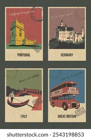 Portugal, Alemania, Italia, Gran Bretaña Principales atracciones Postales, Torre de Belem, Castillo de Neuschwanstein, Góndola de Venecia, Autobús rojo de Londres. Vector Plantillas Tarjetas de felicitación. Textura de papel envejecido