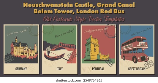 Portugal, Deutschland, Italien, Großbritannien Hauptattraktionen Postkarten, Belem Tower, Schloss Neuschwanstein, Venedig Gondel, London's Red Bus. Vektorvorlagen Retro-Stil Grußkarten Postal Impressum