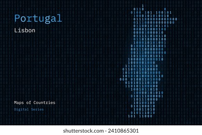 Portugal Gold Map Shown in Binary Code Pattern. Matrix numbers, zero, one. World Countries Vector Maps. Digital Series	
