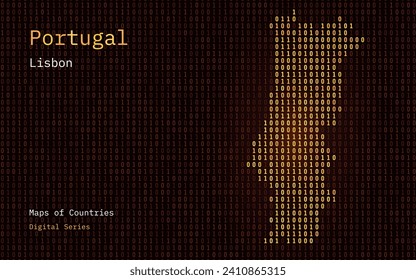 Portugal Gold Map Shown in Binary Code Pattern. Matrix numbers, zero, one. World Countries Vector Maps. Digital Series	
