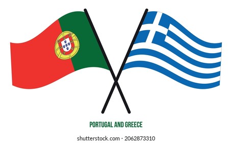 Portugal and Greece Flags Crossed And Waving Flat Style. Official Proportion. Correct Colors.