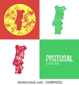Portugal Grunge Retro Map - Three silhouettes Portugal maps with different unique letterpress vector textures - Infographic and geography resource