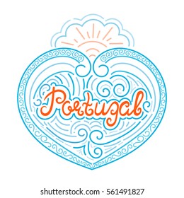 Portugal hand drawn typography illustration isolated vector with ocean waves. Unique print for fashion clothing apparel t-shirt, touristic souvenir postcard or Portuguese vacation banner.