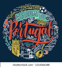 Portugal. Hand drawn vector background. Handdrawn conceptual illustration of  Portugal. Lettering and illustrations of travel and landmark portugal design. Poster or t-shirt design.