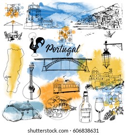 Portugal. Hand drawn vector set with watercolor texture
