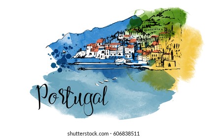 Portugal. Hand drawn watercolor vector background