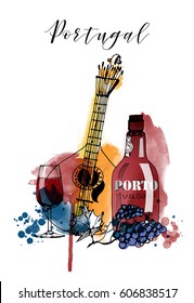 Portugal. Hand drawn watercolor vector background