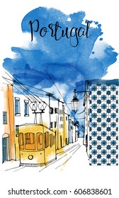 Portugal. Hand drawn watercolor vector background with  tram