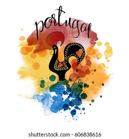 Portugal. Hand drawn watercolor vector of Portuguese cock