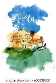 Portugal. Hand drawn watercolor  vector background