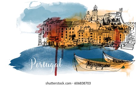 Portugal. Hand drawn watercolor vector background