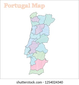 Portugal hand-drawn map. Colourful sketchy country outline. Amazing Portugal map with provinces. Vector illustration.