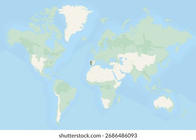 Portugal em destaque no mapa-múndi com bandeira nacional. Mapa mundial vetorial com Portugal destacado utilizando a sua bandeira nacional.