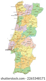 Portugal - Highly detailed editable political map with labeling.