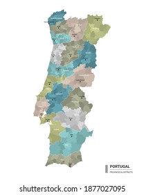 Portugal hat eine detaillierte Karte mit Unterteilungen. Stadtplan von Portugal mit dem Namen der Bezirke und Städte, farbig nach Staaten und Verwaltungsbezirken. Vektorgrafik.