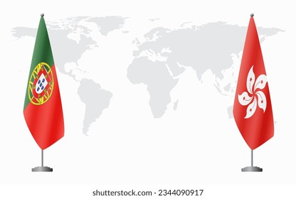 Portugal and Hong Kong flags for official meeting against background of world map.