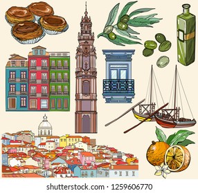 Portugal icon set. Lisbon and Porto drawings. Vector illustration