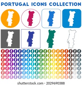 Portugal icons collection. Bright colorful trendy map icons. Modern Portugal badge with country map. Vector illustration.