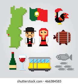 Portugal icons set. Pixel art. Old school computer graphic style. Games elements.