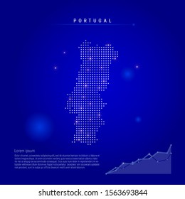 Portugal illuminated map with glowing dots. Infographics elements. Dark blue space background. Vector illustration. Growing chart, lorem ipsum text.