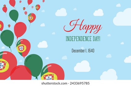 Portugal Independence Day Sparkling Patriotic Poster. Row of Balloons in Colors of the Portuguese Flag. Greeting Card with National Flags, Blue Skyes and Clouds.