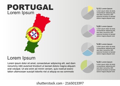 Portugal infographic general use vector template with pie chart, copy space statistics idea, Portugal country flag map with graphic, presentation idea, blank area graph for data, grey background