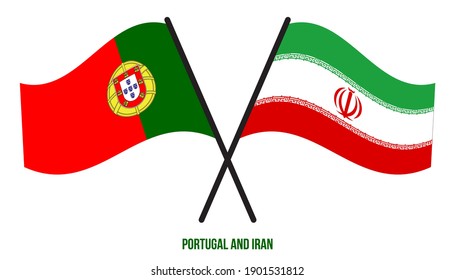 Portugal and Iran Flags Crossed And Waving Flat Style. Official Proportion. Correct Colors.