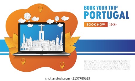 portugal Landmark Global Travel And Journey paper background. Vector Design Template.used for your advertisement, book, banner, template, travel business or presentation.
