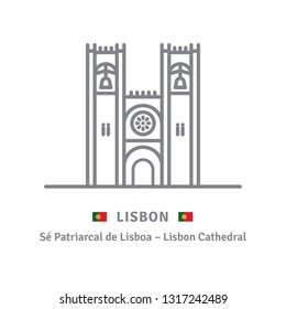 Portugal landmark line icon. Lisbon Cathedral and Portuguese flag vector illustration.