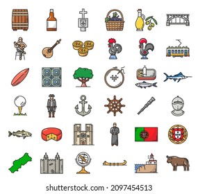 Portugal landmarks and national symbols line icons. Portuguese food, architecture and culture symbols vector icons with castle, cathedral and bridge, moliceiro boat, pasteis tart and fado guitar, tile