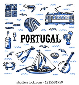 Portugal landmarks set. Handdrawn sketch style vector illustration.