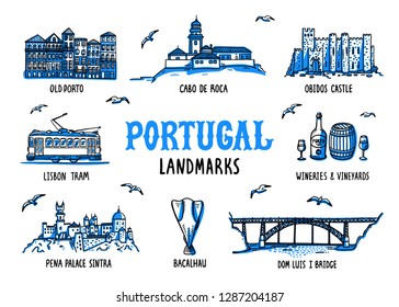 Portugal landmarks set. Handdrawn sketch style vector illustration.