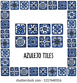 Portugal landmarks set. Portuguese tiles, azulejo. Lisbon mosaic in frame of Portuguese tiles, azulejo. Handdrawn sketch style vector illustration. Exellent for souvenirs, magnets, post cards.