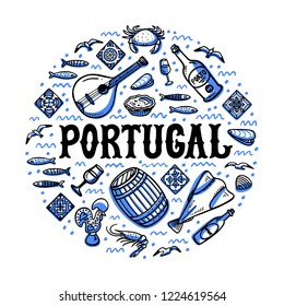 Portugal landmarks set. Round shape design with portugal symbols. Handdrawn sketch style vector illustration.