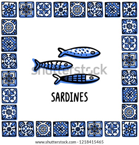 Portugal landmarks set. Traditional portuguese Sardines. Sardines in frame of Portuguese tiles. Sketch style vector illustration, for souvenirs, magnets, post cards.