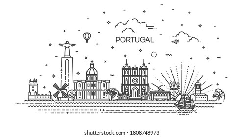 Portugal line skyline with panorama in white background