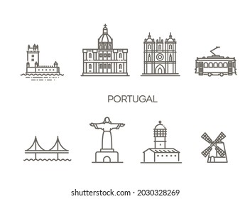 Portugal, Lisboa architecture line skyline illustration. Linear vector cityscape with famous landmarks